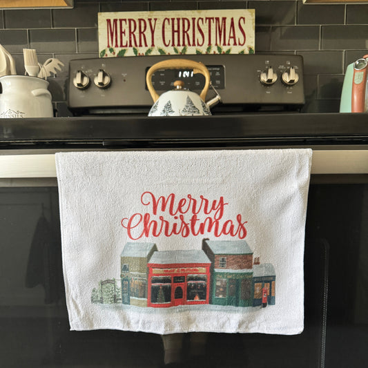 Merry Christmas Village Tea Towel